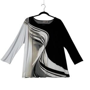 CHICOS Easywear Top Womens 2 Black White Abstract 3/4 Sleeve Stretch Blouse